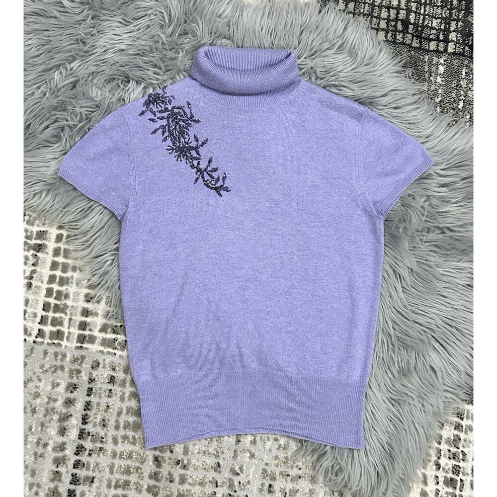 Talbots Women Silk Cashmere Turtleneck sweater SZ S Violet Short Sleeve Beaded